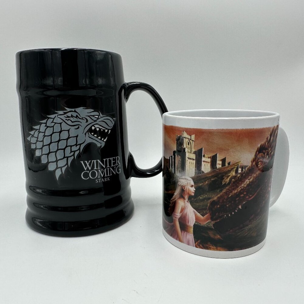 2 Game of Thrones Mugs / House Stark Beer Mug & Daenery's Coffee Mug